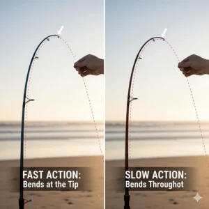 Diagram or chart illustrating the difference between fast action and slow action in a surf casting fishing rod blank.