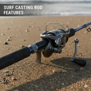 Close-up of surf casting rod features, highlighting the reel seat and grips.