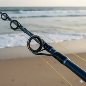 Close-up view of the rod guides on a high-quality surf casting rod, illustrating the anti-tangle and corrosion-resistant features.