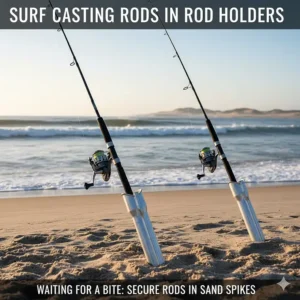Two fishing rods surf casting securely resting in aluminum sand spike rod holders, waiting for a bite.
