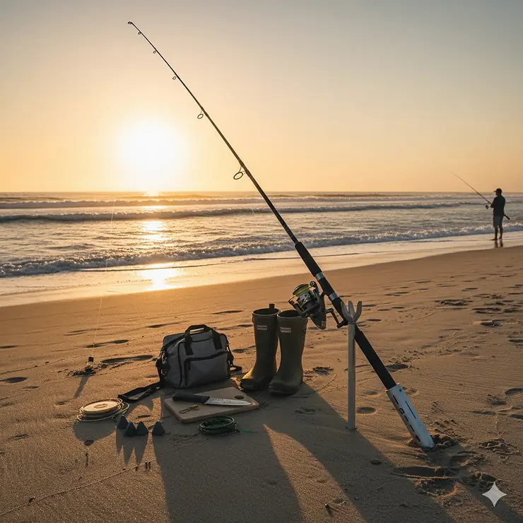 A full surf fishing gear setup with a large reel, heavy rod, and a specialized sand spike planted on a beach at sunrise.