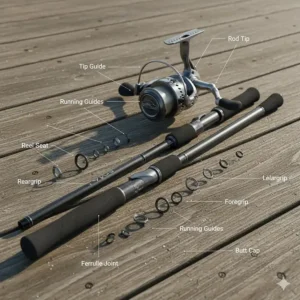 Diagram detailing the key surf fishing rod components, including the butt, reel seat, guides, and tip, crucial for selecting a durable rod.