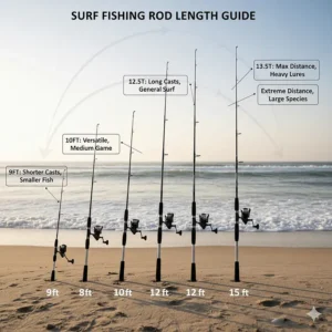 Comparison chart showing how different rod lengths (9ft to 15ft) affect casting distance and fish fighting ability for surf fishing.