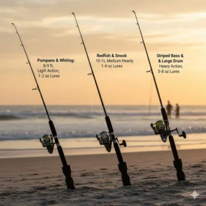 Group of specific surf fishing rods recommended for targeting different species, like a lighter rod for Pompano and a heavy rod for Striped Bass.