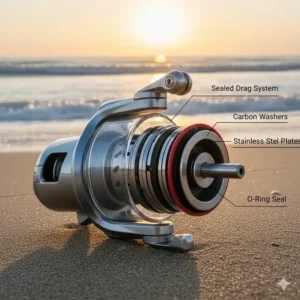 Diagram showing the sealed drag system on a surf reel, which protects the internal components from saltwater and sand corrosion.