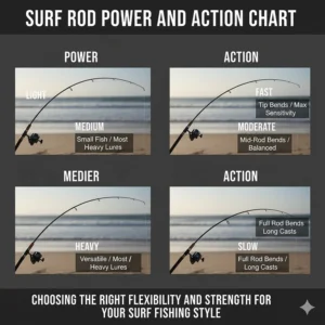 Chart explaining the differences between light, medium, and heavy rod power and fast, moderate, and slow action for surf casting.
