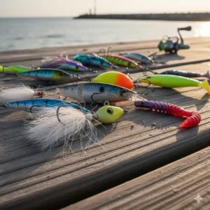 A selection of heavy-duty bucktail and soft plastic saltwater fishing lures ideal for deep water jigging.