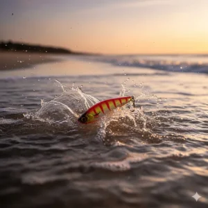 A bright-colored topwater popper lure being retrieved to create a splashing action, ideal for exciting surf fishing strikes.