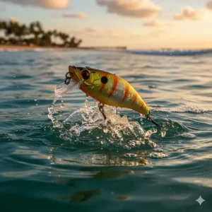 Topwater popper lure creating a splash and "pop" on the water's surface, demonstrating the exciting action that attracts aggressive saltwater game fish.