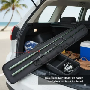 A disassembled two-piece surf fishing rod easily fitting into a car trunk for convenient travel and storage.