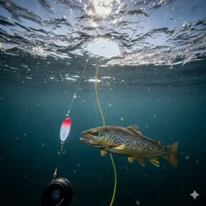 Real-time underwater view of a fish near a lure captured by an ice fishing camera.