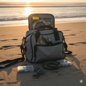 A waterproof tackle bag specifically designed for the beach, containing hooks, leader line, and other necessary surf fishing gear components.