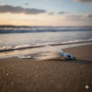 A classic white bucktail jig with a flair of hair, a simple and highly effective lure for various surf fishing species.