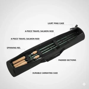 A multi-piece travel salmon fishing rod disassembled to show portability and joints.