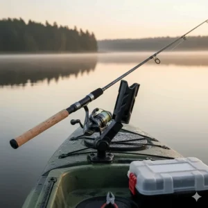 An adjustable swivel kayak fish pole holder allowing for 360-degree rotation.