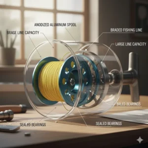 An anodized aluminum spool filled with braided line, demonstrating the large line capacity needed for best saltwater fishing reels.