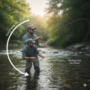 A simple diagram illustrating the 10-to-2 casting motion or arc, which is the foundational technique for a beginner using their new fly rod.