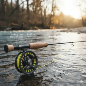 Illustration of a complete fly fishing rod setup, showing how the backing, fly line, leader, and tippet are attached to the reel and rod.