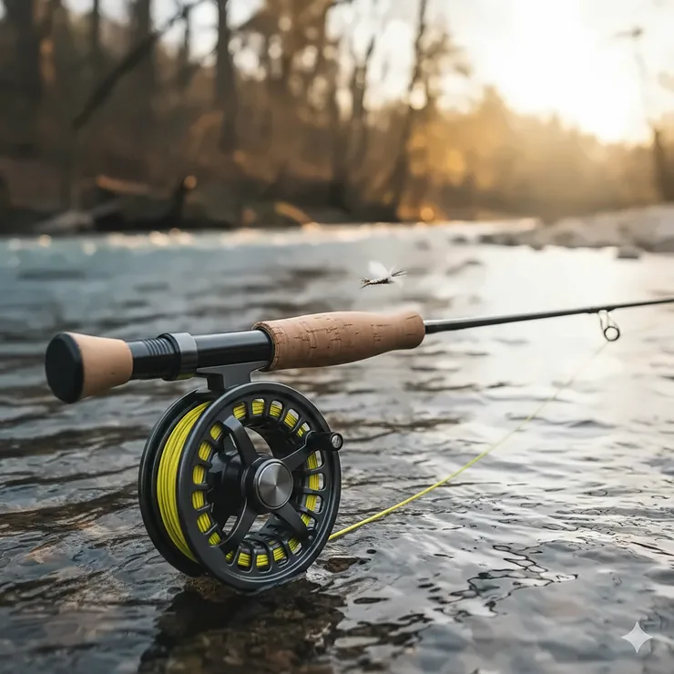 A close-up shot of a recommended, high-value fly fishing rod and reel combo, ideal as the best choice for beginners just learning how to cast. best fly fishing rods for beginners