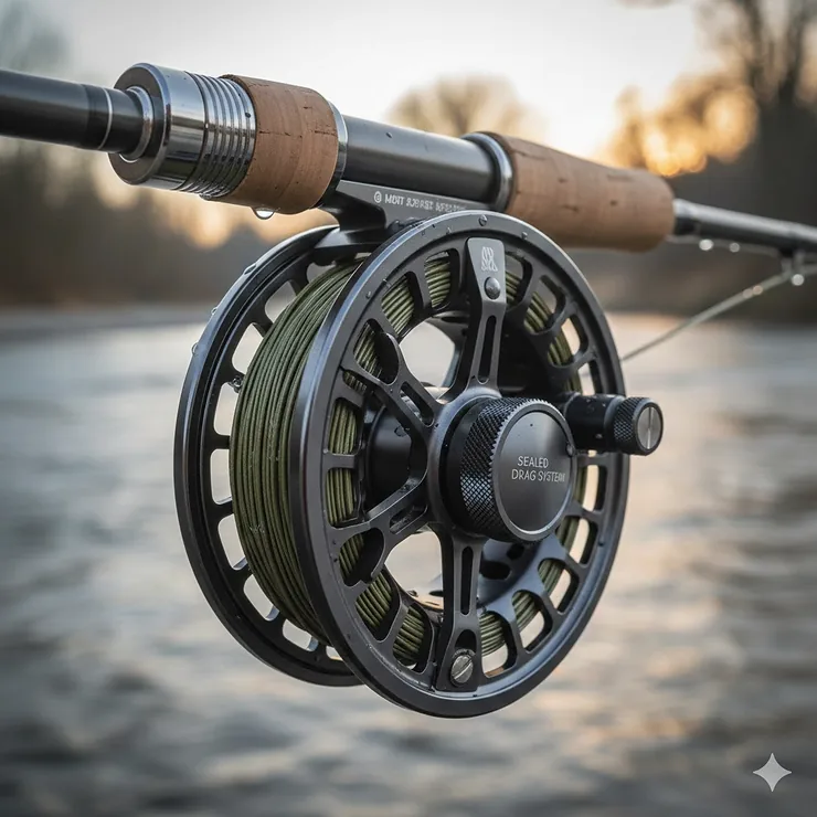 Close-up shot of one of the best fly fishing reels on a rod, showing the drag system and spool.