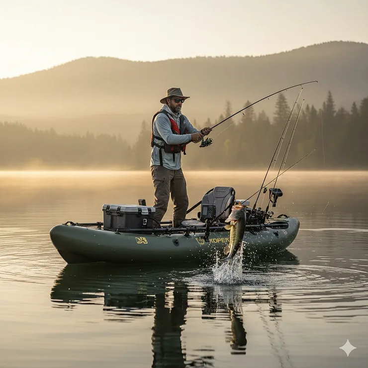 A professional angler fishing from a heavy-duty inflatable kayak on a calm lake at sunrise. inflatable kayaks for fishing