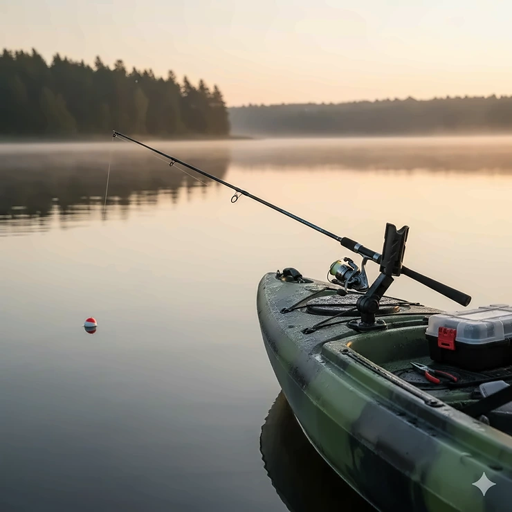 A durable kayak fish pole holder mounted on a fishing kayak with a rod secured during a lake trip.
