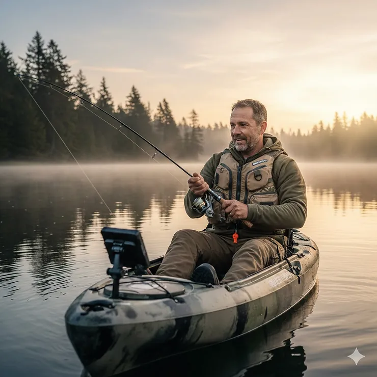 An angler in a sit-on-top kayak wearing a high-back fishing life jacket while holding a fishing rod on a calm lake.