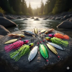 A detailed display of various salmon fishing gear like spoons, spinners, and hoochies in bright colors.
