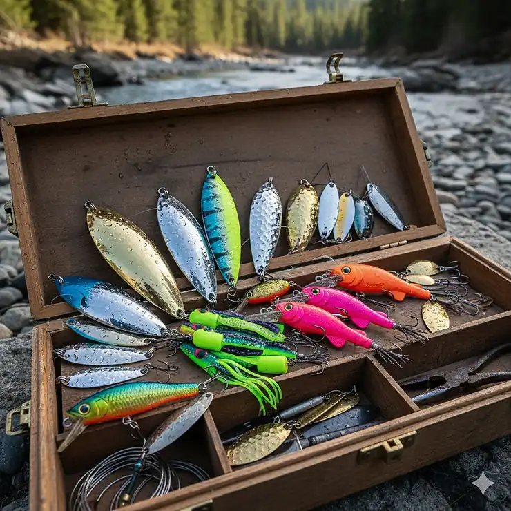 A diverse collection of the best salmon fishing lures including spoons and spinners arranged on a tackle box.