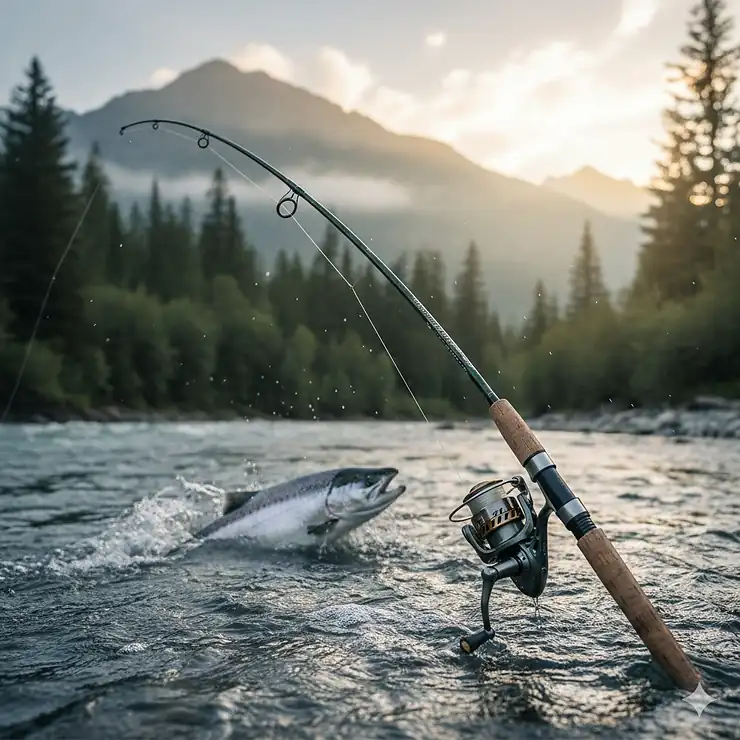 A professional-grade carbon fiber salmon fishing rod bending during a catch on a river.