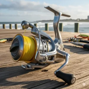 Close-up of a high-quality, corrosion-resistant saltwater spinning reel suitable for most inshore and nearshore fishing.