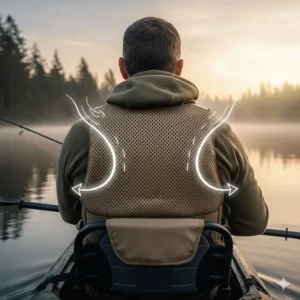 An illustration of the mesh back panel on a kayak fishing life jacket designed to improve airflow and cooling.