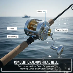Illustration of a heavy-duty conventional reel and rod, recommended for deep dropping or fighting large saltwater fishing species.