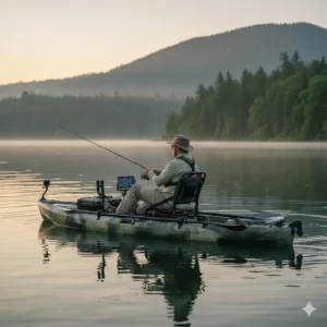 A two person fishing kayak reconfigured for solo use by moving the seat to the center position.