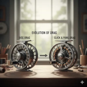 Image illustrating the difference between a modern disc drag system and a classic click-and-pawl system on fly reels.