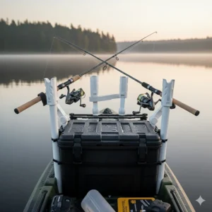A custom DIY kayak fish pole holder made from PVC pipes attached to a fishing crate.