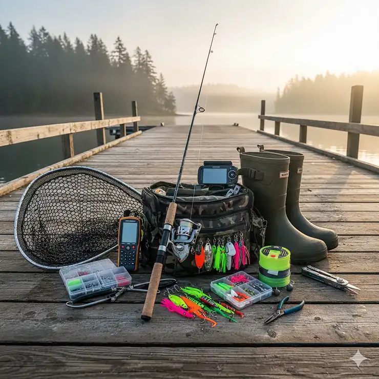 A comprehensive collection of salmon fishing gear including a high-performance rod, reel, tackle box, and lures laid out on a wooden dock.