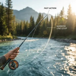 Diagram illustrating the stiff tip and narrow line loop achieved with a fast action fly fishing rod.