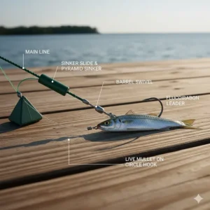 Detailed illustration of a fish finder rig, which utilizes a sinker slide above the swivel, allowing the fish to take the bait without feeling the weight, commonly used for larger saltwater species.