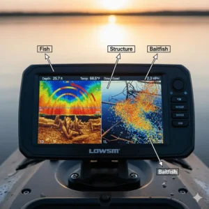 An illustration of a fish finder screen display showing underwater structure and fish arches.