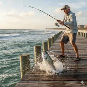 A fisherman successfully landing a fish using one of the best fishing reels for saltwater on a coastal fishing trip.