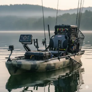 Tandem fishing kayak rigged with fish finders, crates, and multiple rod holders.