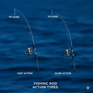 Visual representation of fishing rod action, demonstrating a fast action rod bending only at the tip and a slow action rod bending throughout the blank.