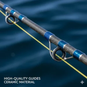 Close-up of high-quality ceramic guides on a saltwater fishing rod, emphasizing the durable material for better line flow and heat dissipation.