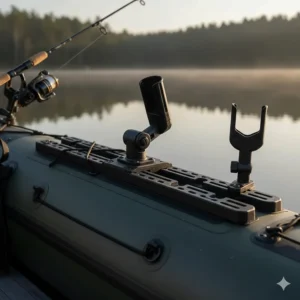 Integrated rod holders and accessory mounting rails on a specialized inflatable fishing kayak.