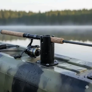 Close-up of a flush mount kayak fish pole holder integrated into the kayak deck.