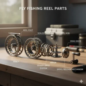 Diagram showing the main parts of a fly fishing reel, including the arbor, spool, frame, and drag knob.