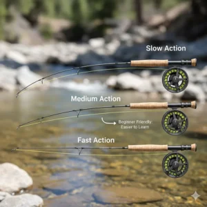 Diagram comparing the bend profiles (slow, medium, and fast action) of different fly fishing rods, explaining why a medium-action rod is often the best choice for beginners.