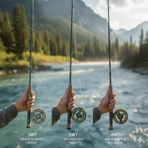 A visual chart comparing different fly rod weights, showing a 3wt, 5wt, and 8wt rod.