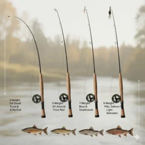 An illustration showing the differences between fly rod weights, from a light 3-weight for small trout to a heavier 8-weight, helping a beginner choose the best rod for their target fish.